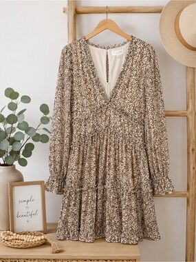 Floral Tiered V-Neck Long Sleeve Dress in Brown